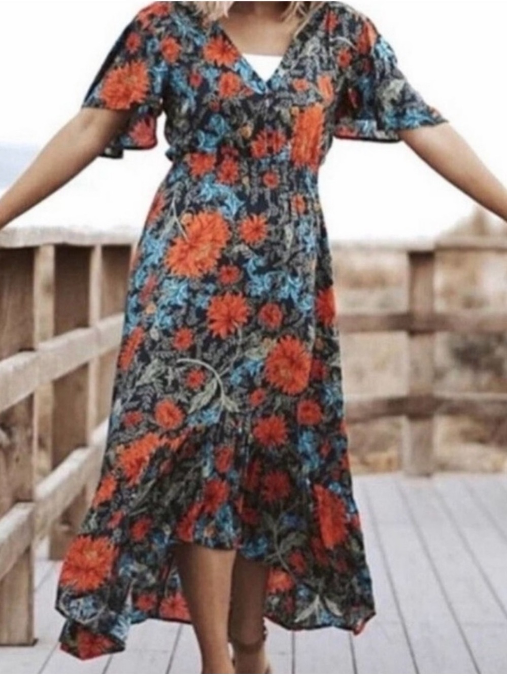 Anthropologie Abel The Label Floral Flutter Sleeve Hi-Low Dress XS
